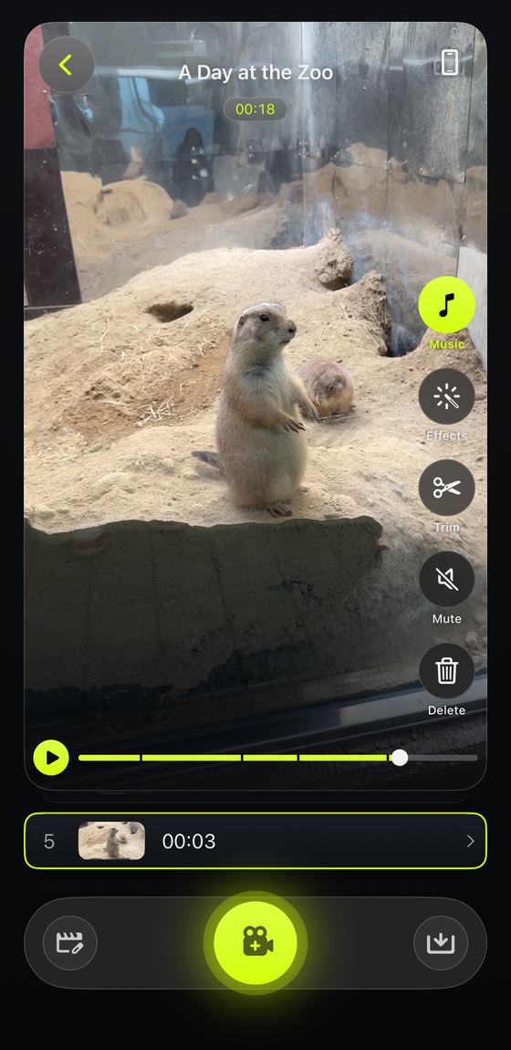 Reel screen. Clips play back, with tools and a save button