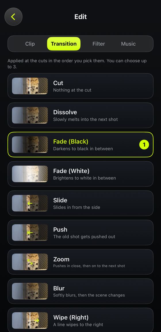 Editing screen: choosing a transition