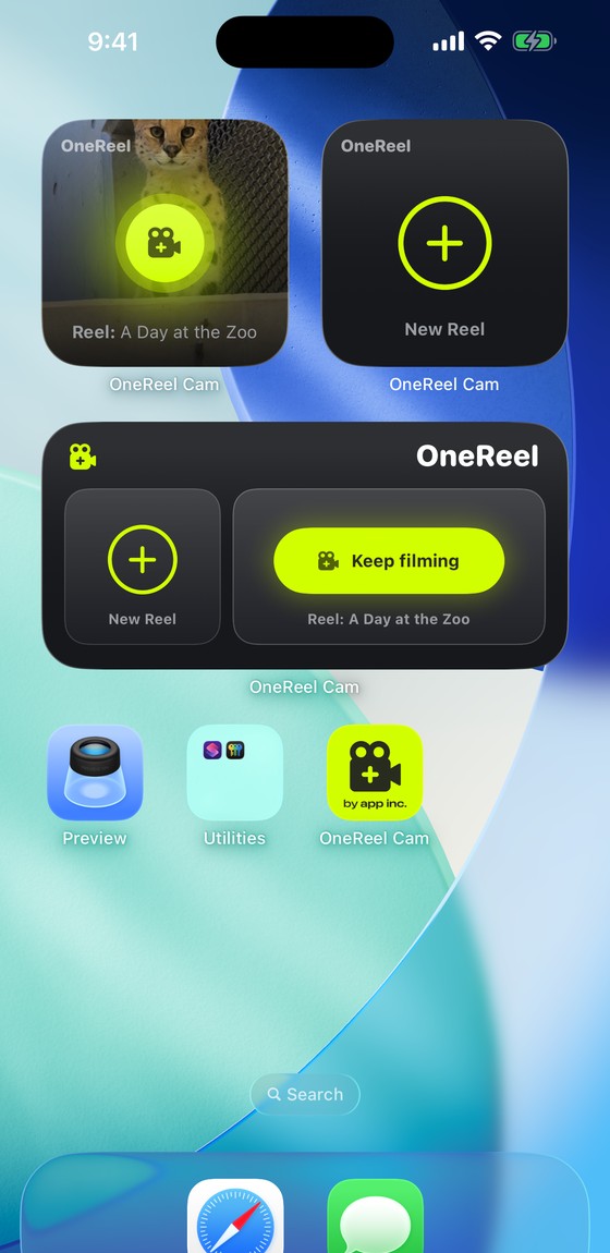 OneReel widgets on the Home Screen. The small sizes show “Keep filming” over the reel's cover, and “New Reel.” The wide one puts both side by side